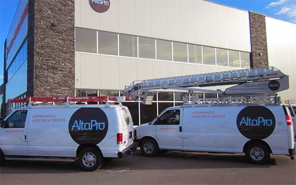 AltaPro service vans parked Infront of the AltaPro Electric Office